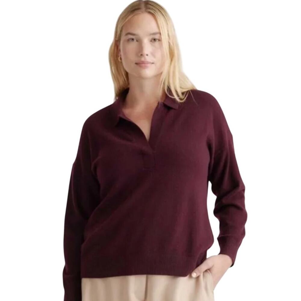 New Quince Women’s M Mongolian Cashmere Polo Sweater Burgundy Red Retro Preppy